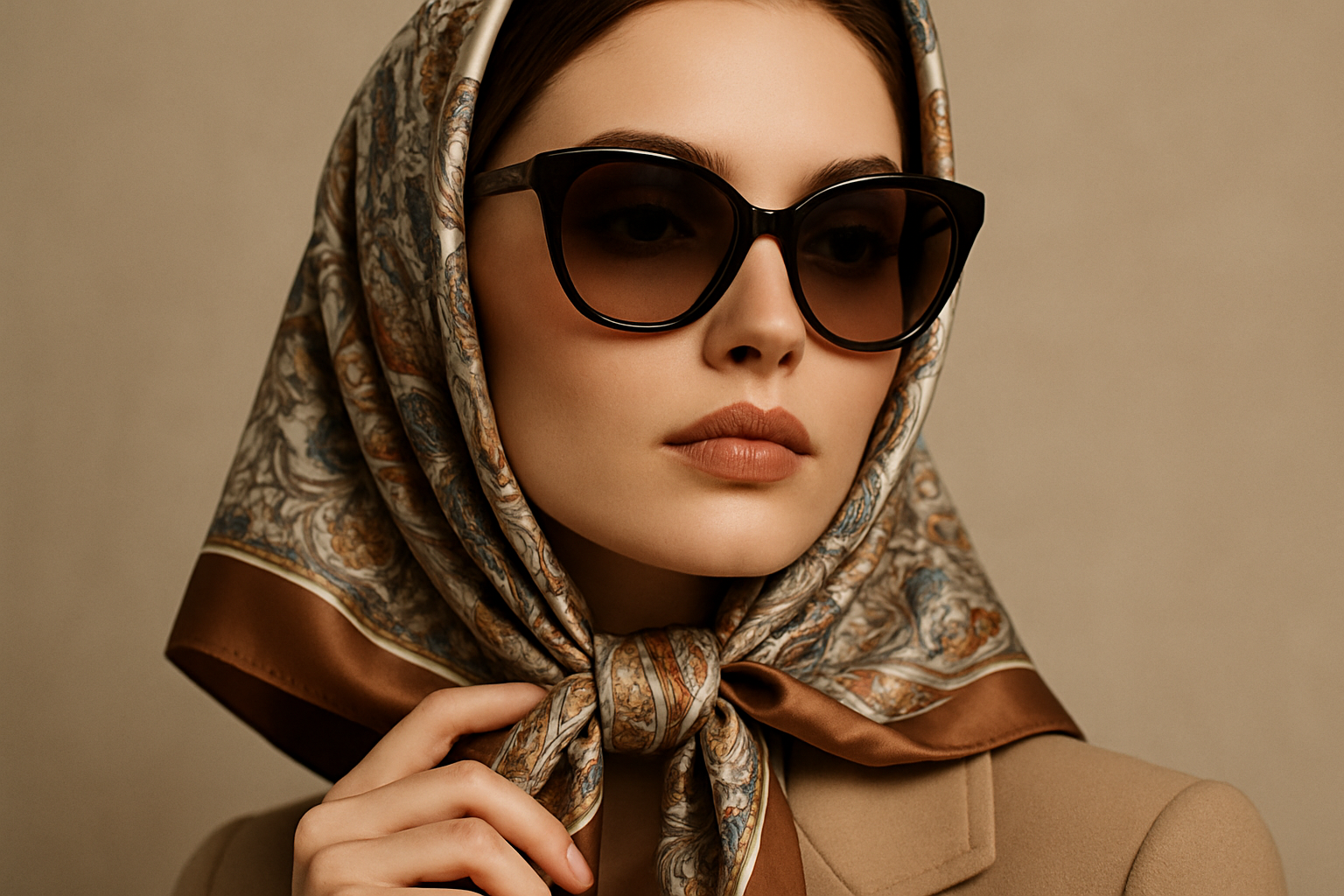 MODELO PRESENTANDO UN PAÑUELO CON GAFAS SOLO SE VEA SU CARA 